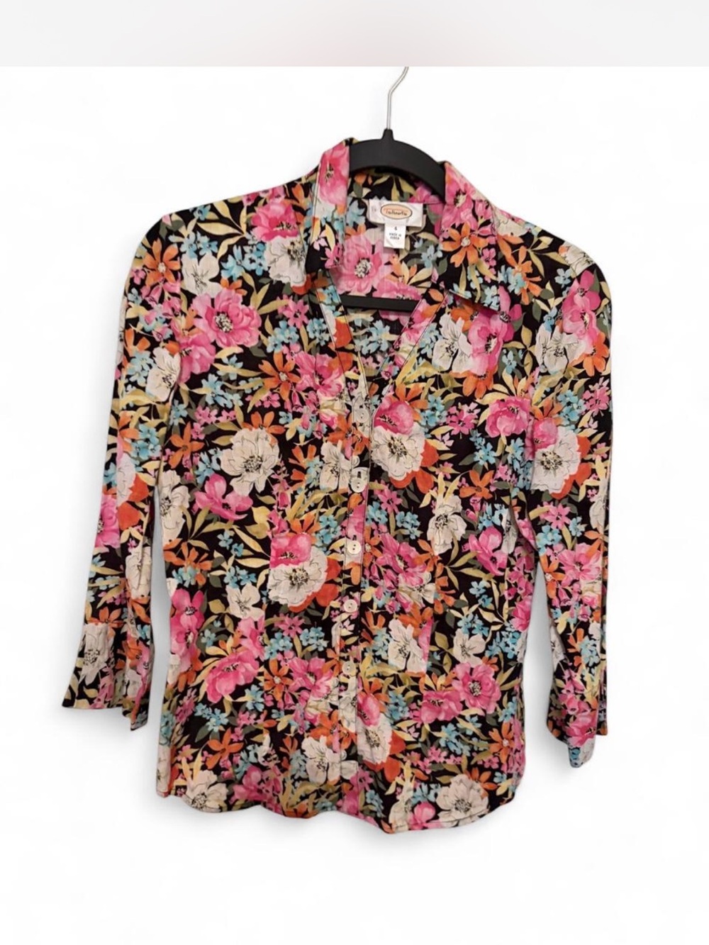 Talbots Floral Button-Down Shirt - Black with Pink & Cream Flowers